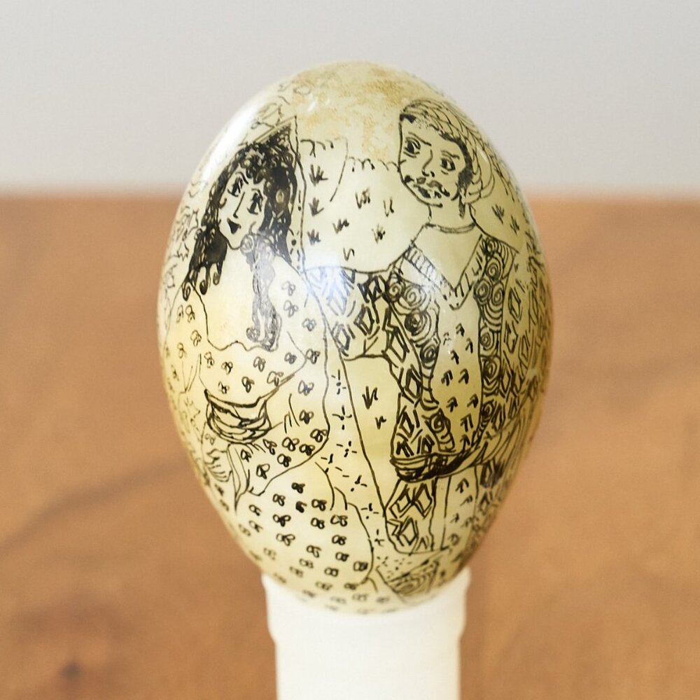 Unique Hand Painted Stone Egg Alabaster? Wedding Scene